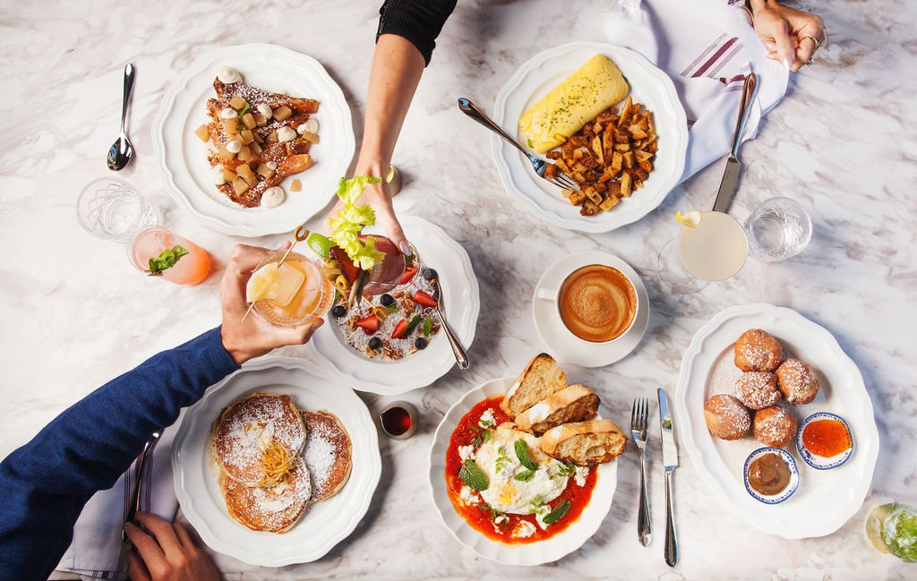Brunch spread on marble at one of our restaurants