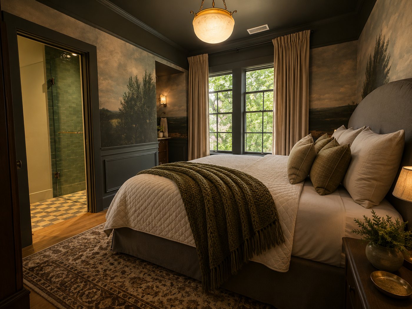 A guest room at one of our inns, with mural wallpaper and warm lamplight