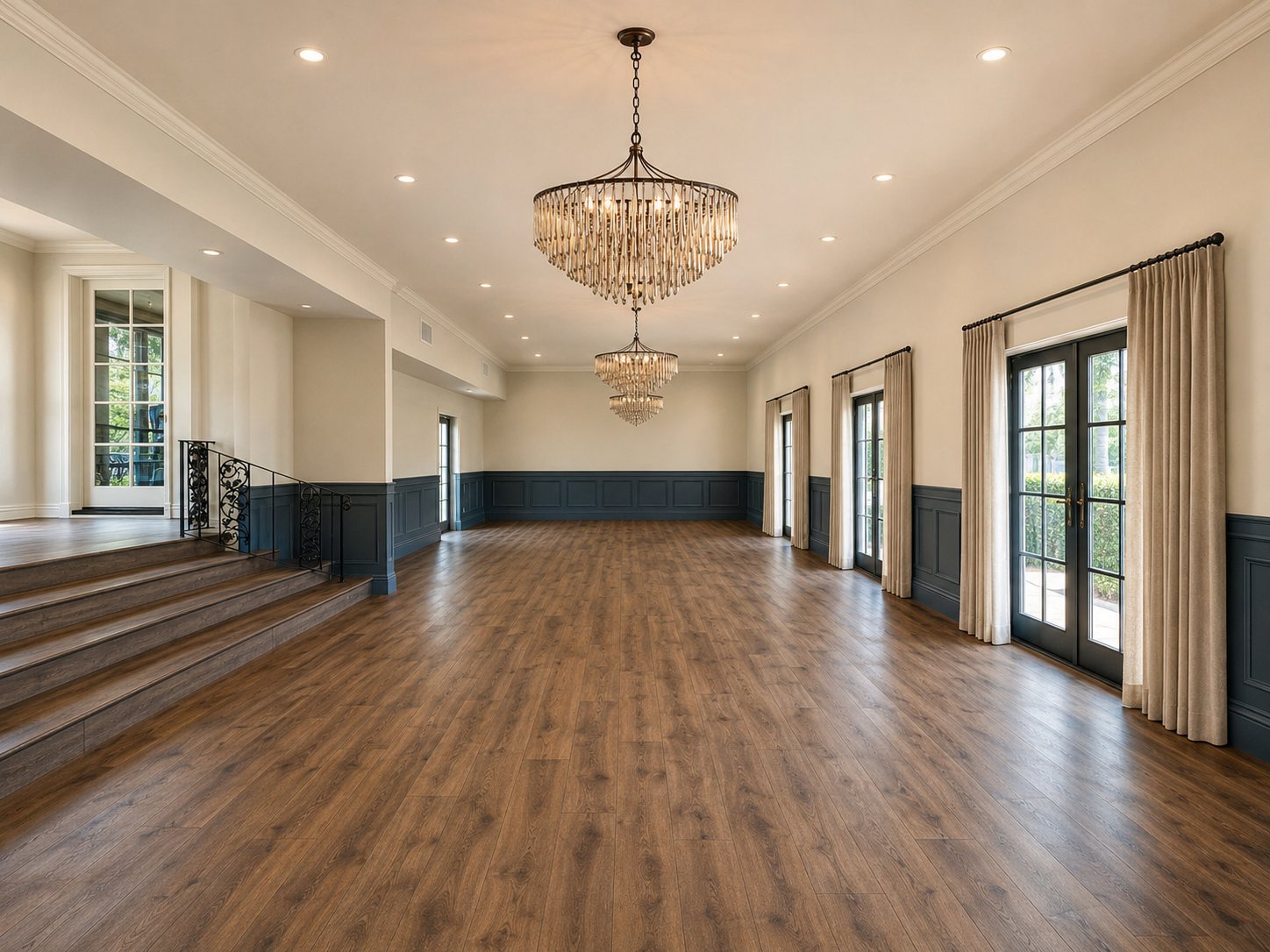 The Main Room: chandeliers, navy wainscoting, and wood floors