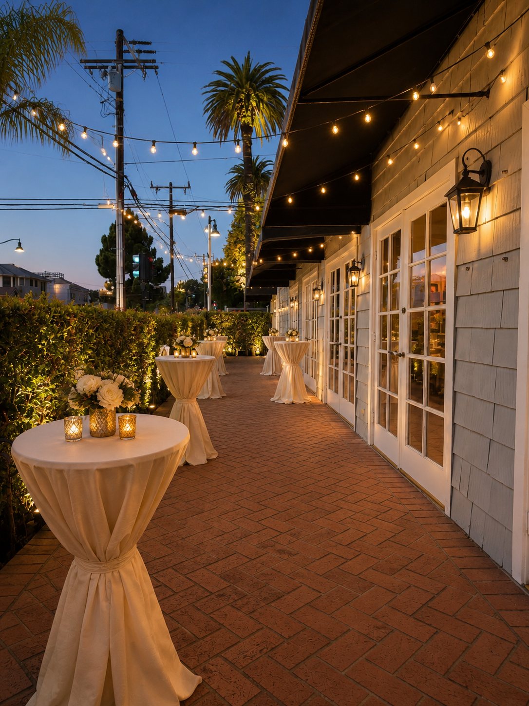 Cocktail tables on the patio under bistro lights
