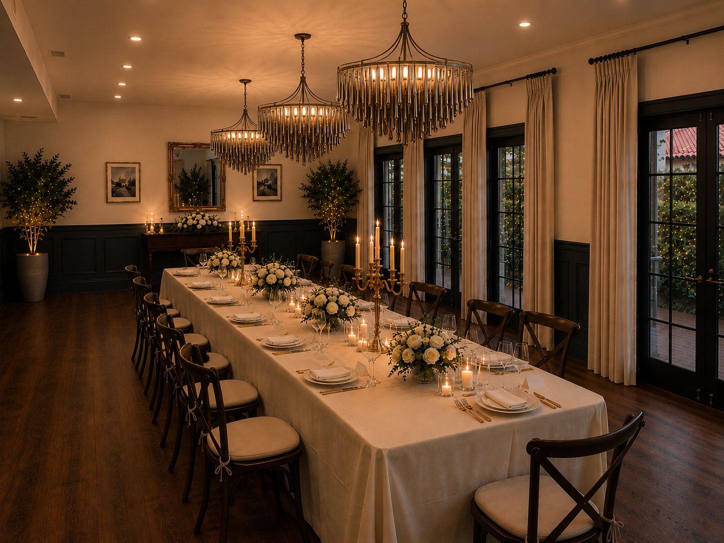 A single long candlelit dinner table running the length of the room