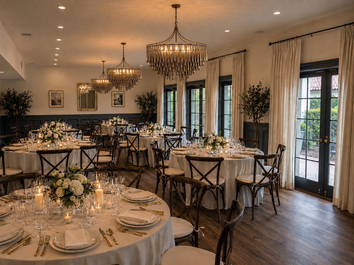 The Drawing Room set with round tables beneath three chandeliers